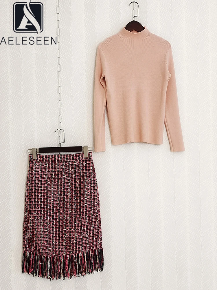 

AELESEEN High Quality Women Set 2022 Autumn Winter Pink Turtleneck Knitted Sweater + Tassel Tweed Skirt Elegant Vacation