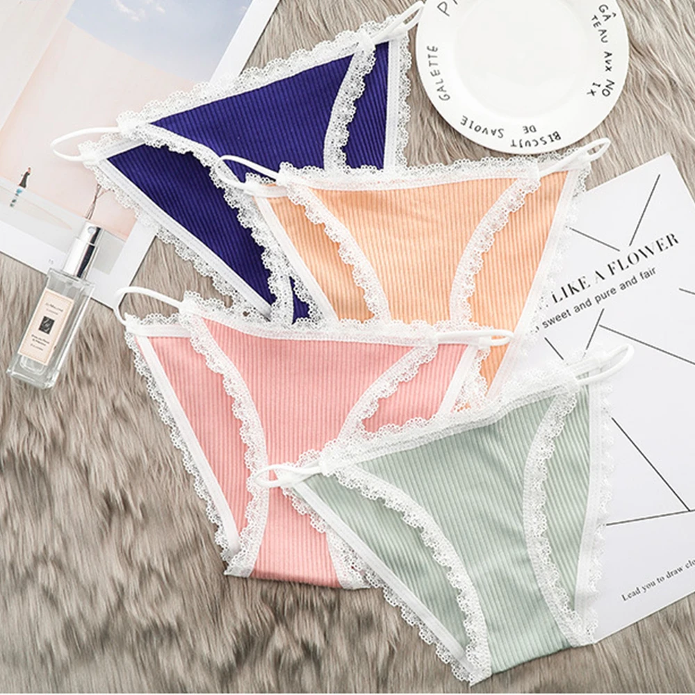 

Sexy Women Panties Lace Side Screw Thread Cotton Underwear Briefs Comfortable Panties Women Striped Thin Belt Underpants