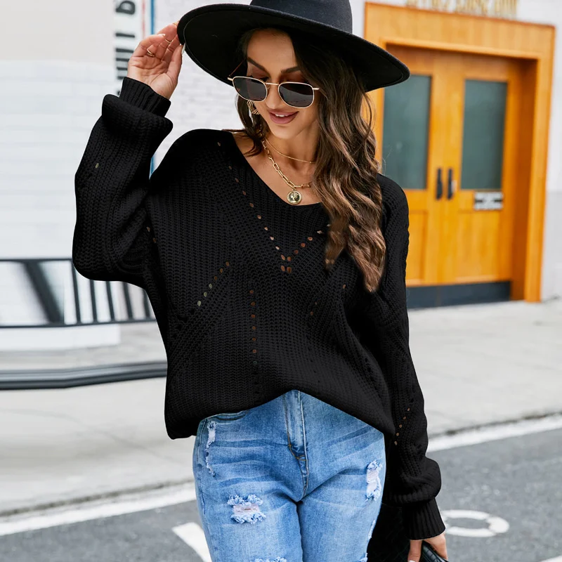 

Women's loose top, autumn and winter versatile solid color knit shirt, long sleeved, V-neck sweater2023