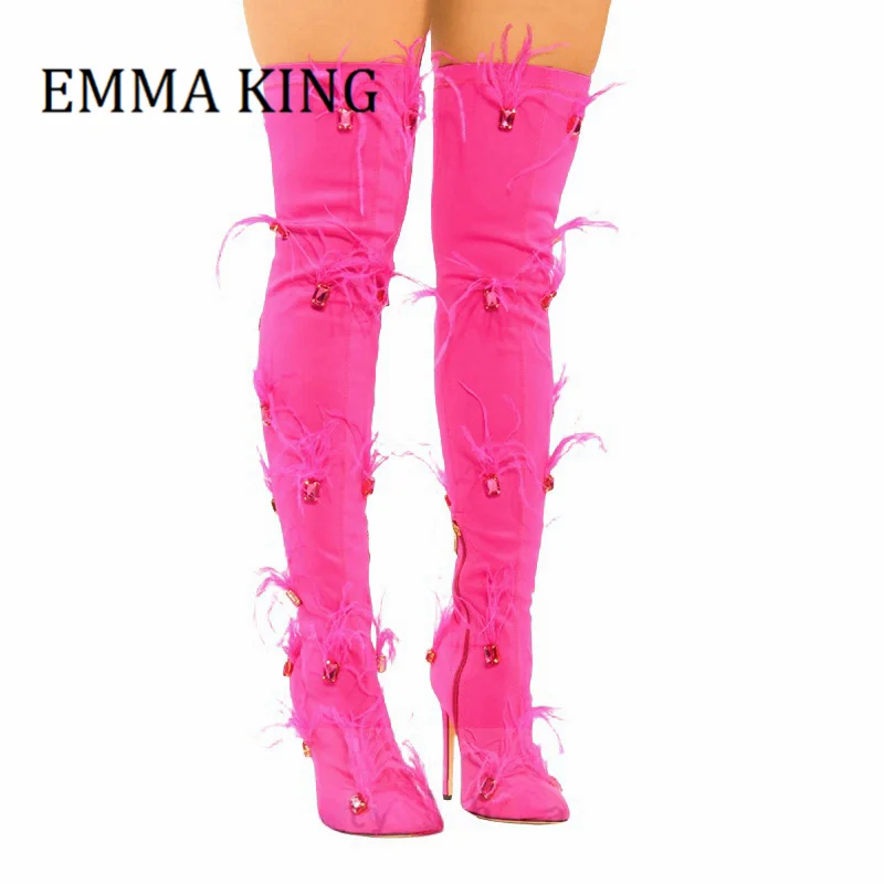 Женские розовые ботинки с украшением из перьев пикантные до бедра на шпильке