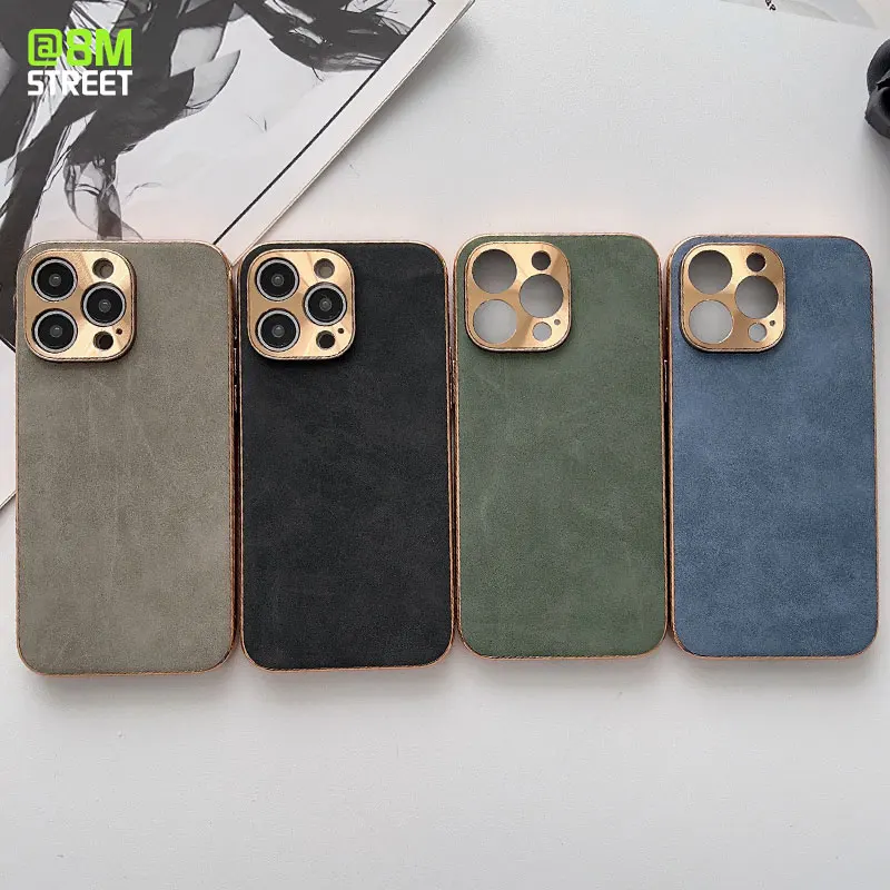 

Luxury Suede Phone Case For iPhone 11 12 13 14 Pro Max 14Plus 13 Lambskin Electroplated Frame Sheepskin Back Plate Phone Cover