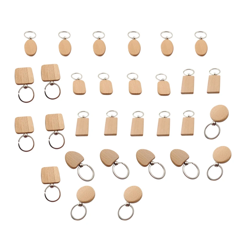 

30Pcs/Lot Diy Blank Wooden Key Chain Rectangle Heart Round Ellipse Carving Keyring Wood Keychain Ring for Men Women Gift
