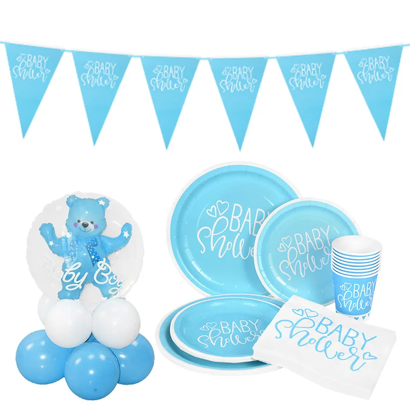 

Baby Boy Girl Gender Reveal Disposable Tableware Plate Cups Christening Gift Sealing Sticker Baby Shower Birthday Party Balloons