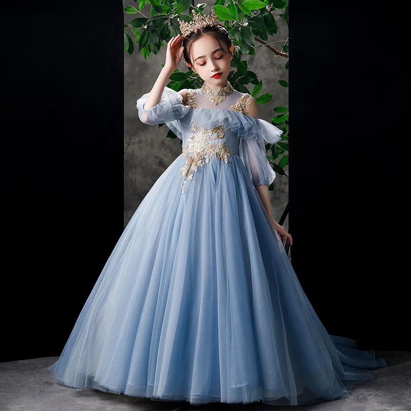 

Children'S Dress: Puffy Yarn 2022 Flower Children'S Piano Performance Dress Foreign Girl Host Walk Show Evening Dress Tail