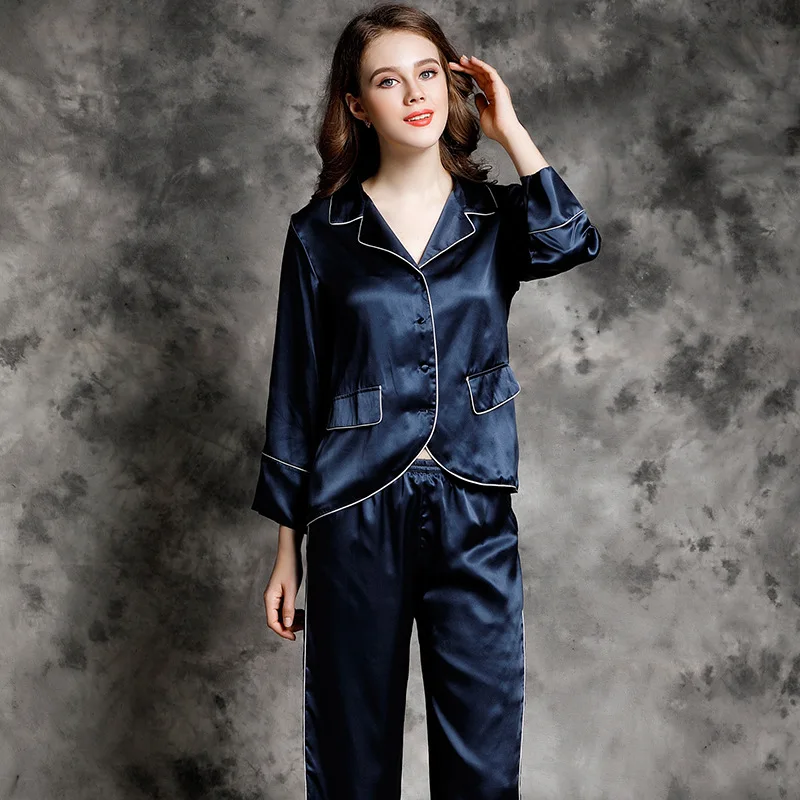 2022 NEW Summer 22mm 100%Silk Pajamas Set Women Silk Homewear Sleepwear Navy Wine High Quality Clothing