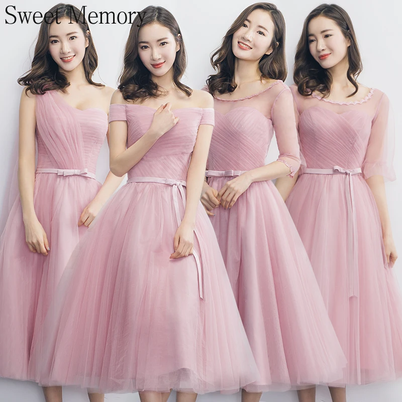 

J161 Pink Bridesmaid Dress Tulle Illusion Lace Up Prom Gown Girl Women Vestidos Boat Neck Simple Special Occasion Dresses