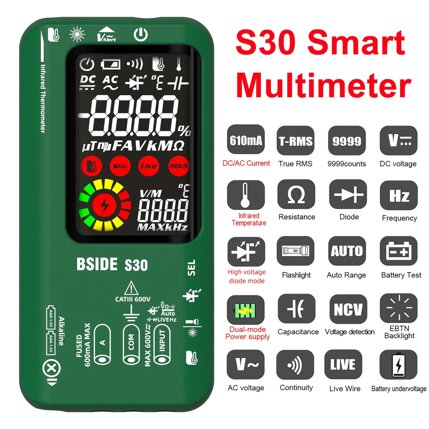 

Digital Multimeter 9999 Counts T-RMS DC/AC Voltage Current 15V Diode Ohm Rechargeable Tester with Infrared Temperature Function