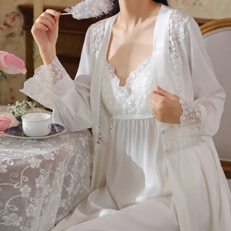 Белая вышитая кружевная одежда для сна с длинными рукавами женская фея