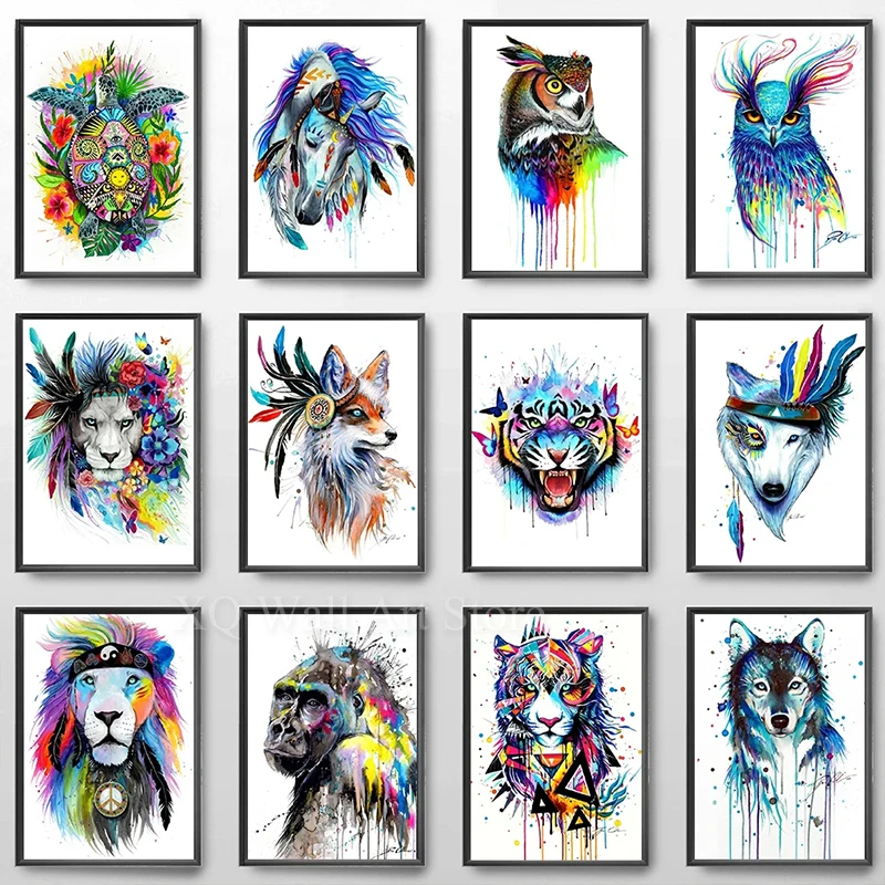 

Nordic Colorful Animal Poster Lion Tortoise Gorilla Wolf Fox Wall Art Canvas Painting Wall Prints Pictures For Living Room Decor