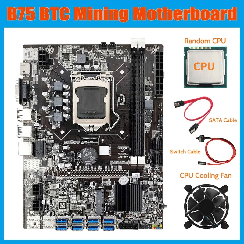 Материнская плата B75 ETH для майнинга + ЦП + вентилятор охлаждения + кабель SATA + кабель переключателя LGA1155 8xpcie USB адаптер DDR3 MSATA материнская плата