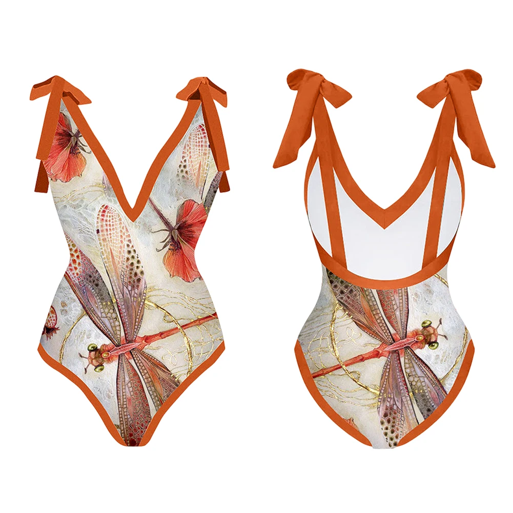 

One Piece Bathing Suit for Women All Over Print Knot Shoulder One Piece Swimsuit Beachwear Chiffon Vintage Lace-up Bow Bikini