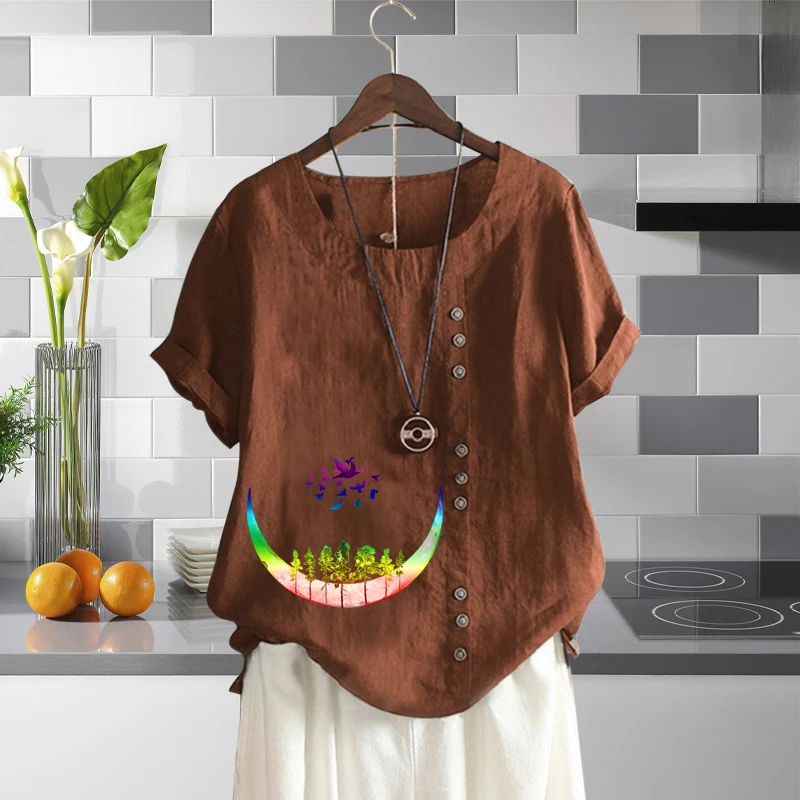 

2022 New Fashion Ladies Casual Linen T Shirt Beautiful Moon Tree Printed Loose Blouse Solid Round Neck Short Sleeve Top XS-5XL