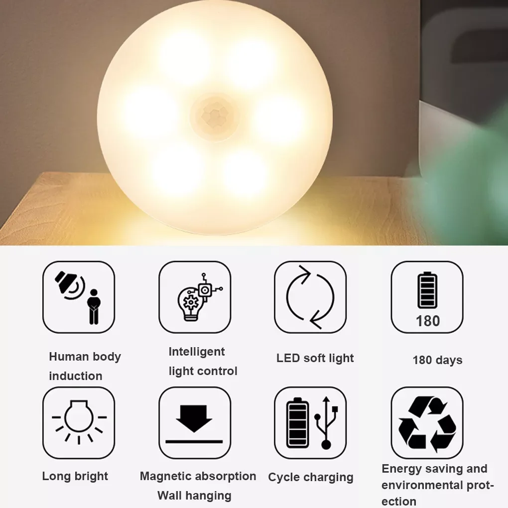 

Bedside Motion Sensor Night Lamp Night Lamp USB Rechargeable Cabinet Wardrobe Closet Light Home 0.6W LED