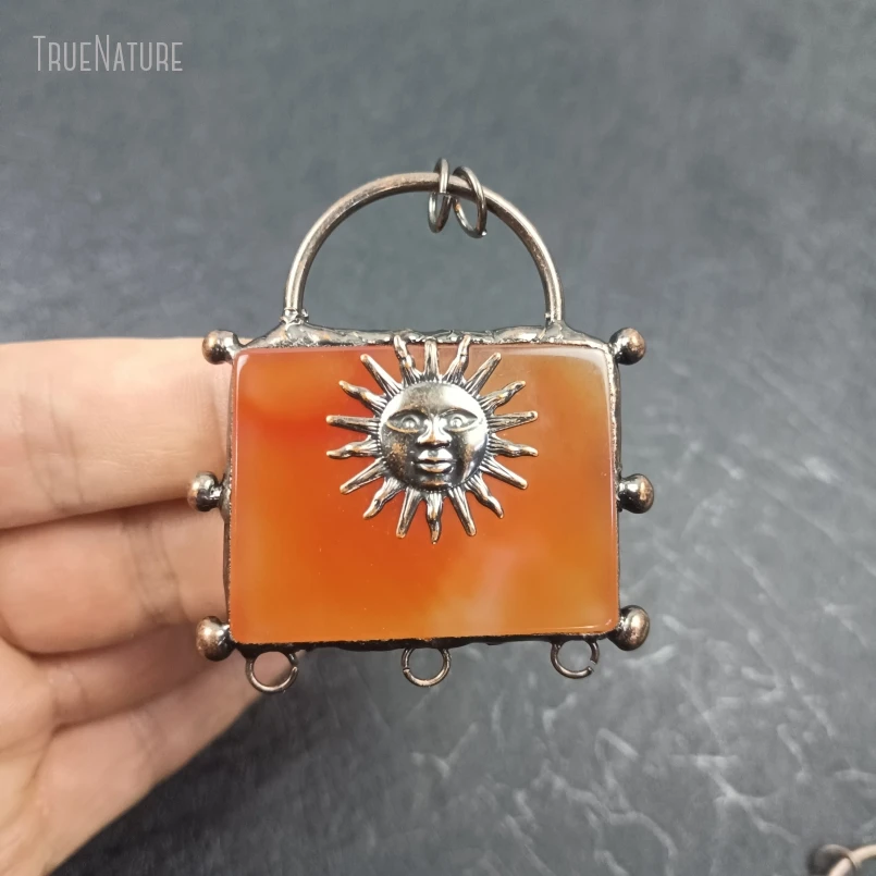 

10Pcs Wholesale Antique Bronze Color Red Tin Solar Agates Soldered Rectangle Vintage Style Handmade Jewelry Pendant