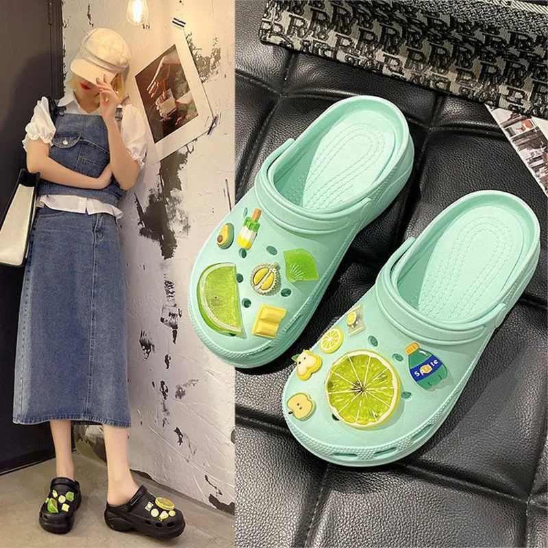 

Summer Women Clogs Sandals Cute Cartoon Furit Lemon Hole Shoes Outdoor Non -slip Slippers Flatform High Heel Garden Beach Slides