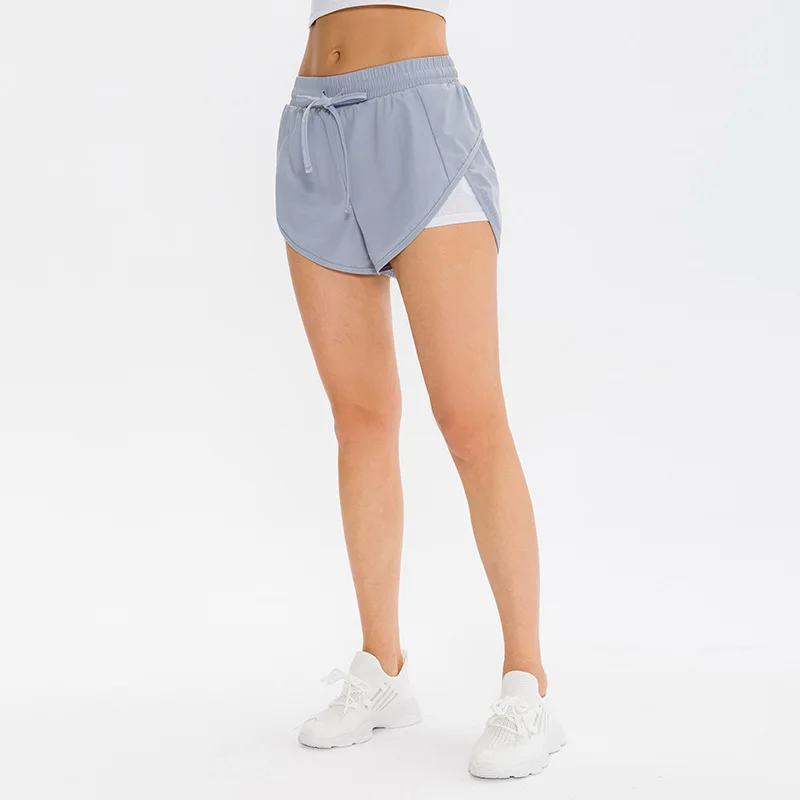 Lulu Yoga Fake Two-piece Shorts Women's Cycling Quick Dry Breathable Loose Fitness Running Sweatpants With Pocket Gym Sportswear