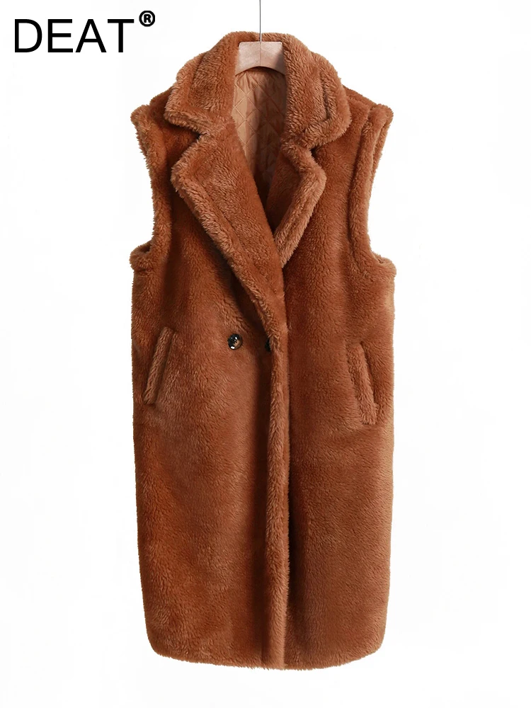 

Женское шерстяное пальто без рукавов DEAT, двубортная свободная теплая однотонная куртка с отложным воротником, осень 2023