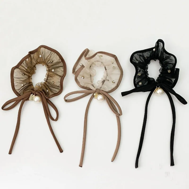 

New Elastic Bowknot Hair Bands for Women Black Brown Beige Silk Scrunchies Pearl Yarn Hair Tie Tassel Headwear Hairbands Ladies