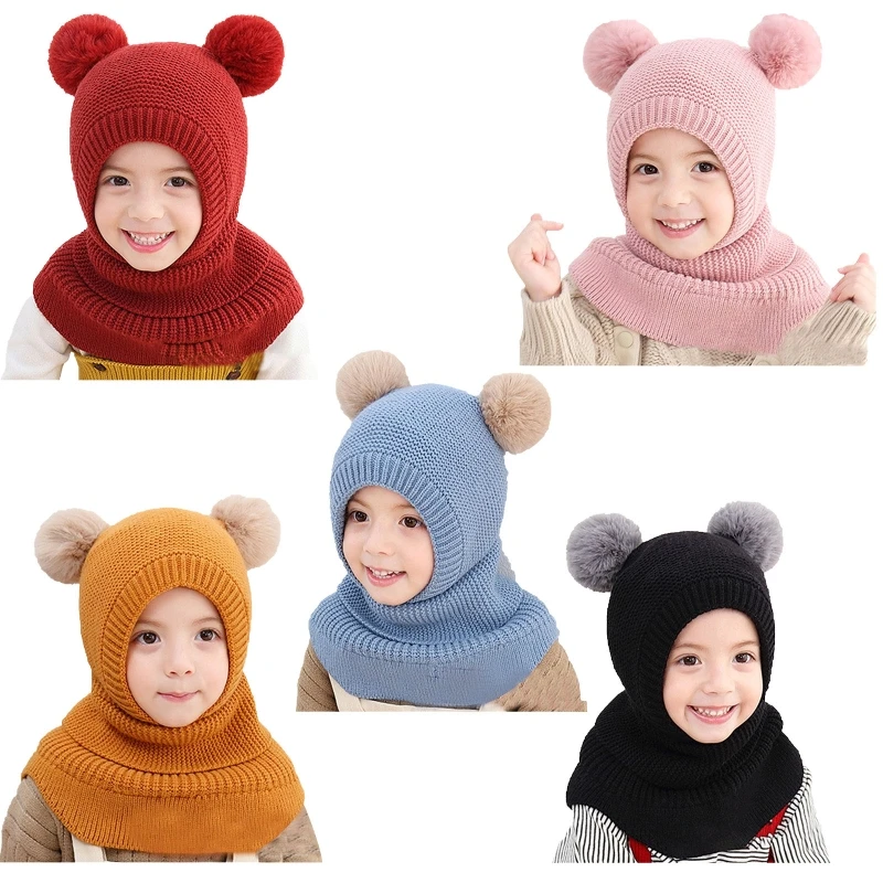 

Kid Winter Knitted Hat Scarf Cute Earflap Hood Woollen Warm One-piece Hat Scarves Ear Warm Neck Warmer Skull Beanies Cap