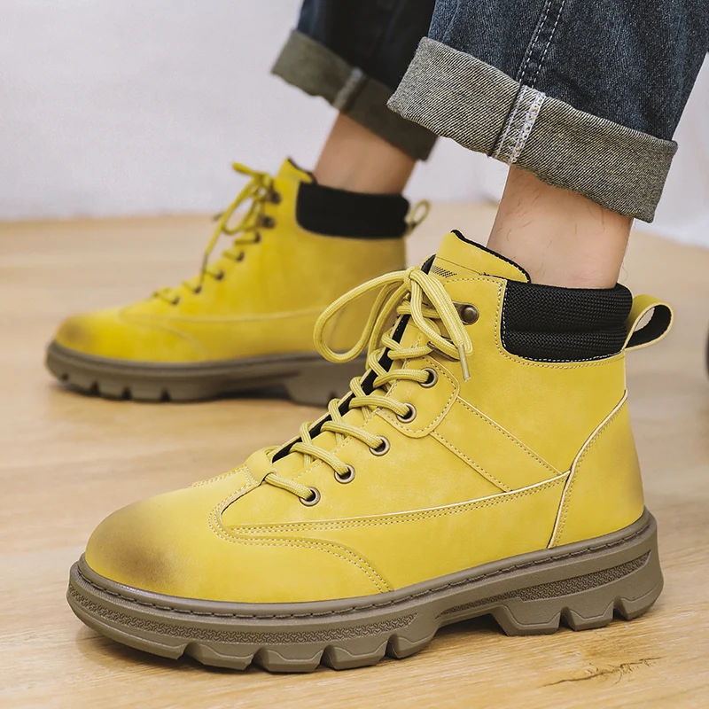Новые модные желтые мужские ботильоны на платформе кожаные ботинки Мужская  Дизайнерская обувь для инструментов Повседневная Уличная Рабочая обувь  мужские ботинки | AliExpress