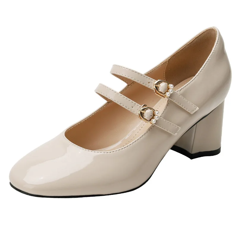 Mary Jane Shoes High heels women's small size leather shallow mouth Shoes red 2022 new thick heel round head one word belt