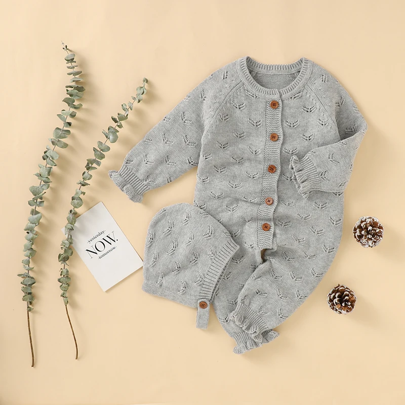 

Комбинезоны для новорожденных, одежда на весну и осень, однотонные вязаные комбинезоны с длинным рукавом для маленьких мальчиков и девочек, хлопковые комбинезоны, шапки, наряды, трикотажная одежда для 0-18 месяцев