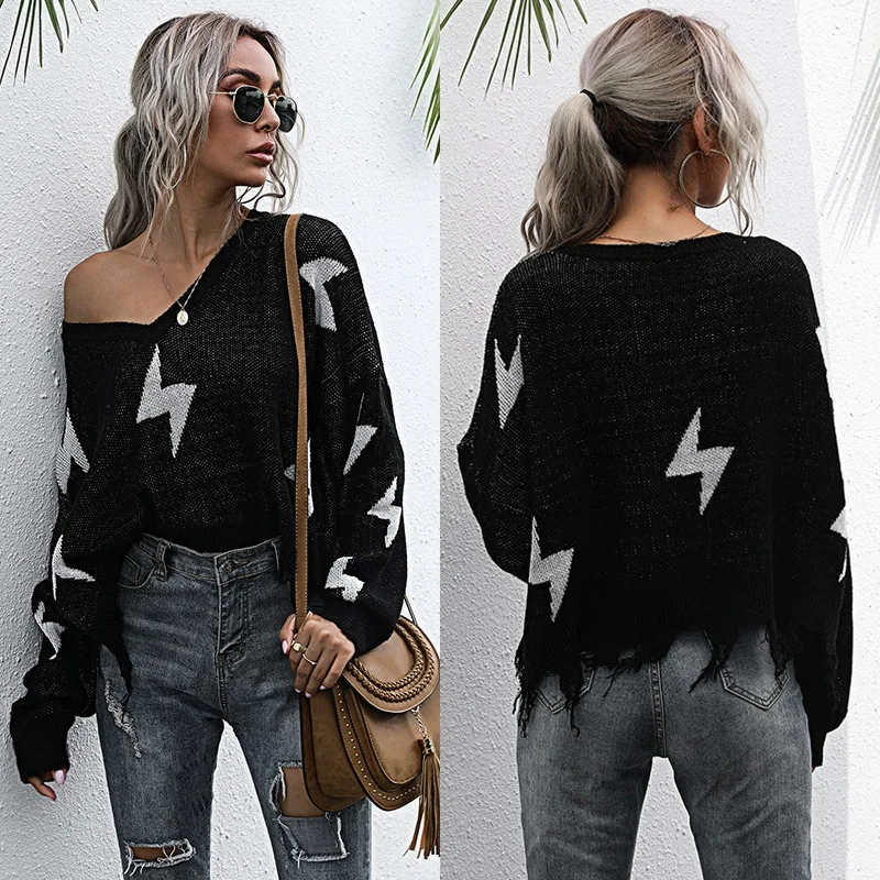 

Knitwear Sweater Women's Pullover Sweater Casual Women's Flat Knitted Printed V Neck Sweater