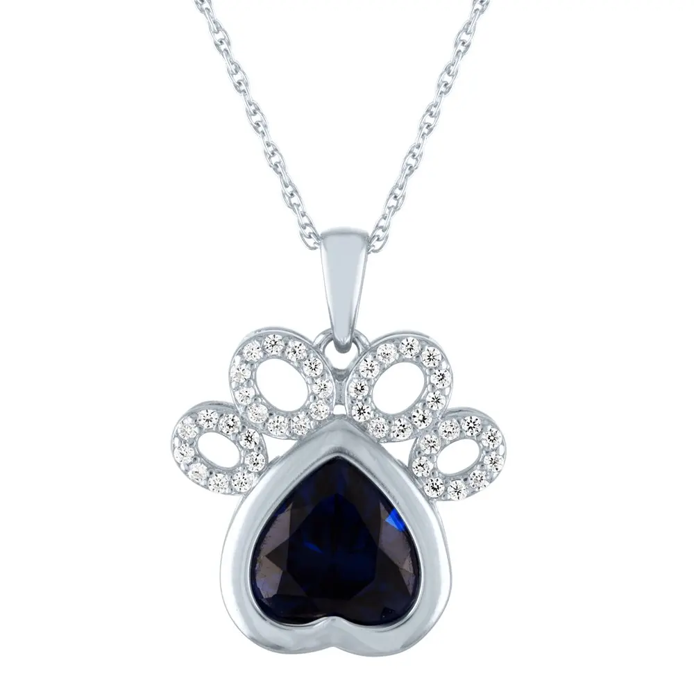 

NEW Simulated Blue Sapphire and CZ Sterling Silver Dog Paw Pendant 18"