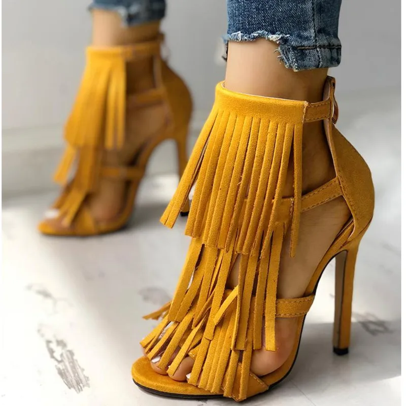 

Tassel Women's Sandals Summer 2022 Shoes Sexy High Heels Back Zip Large Szie Fringe Shoes For Women Sandalias
