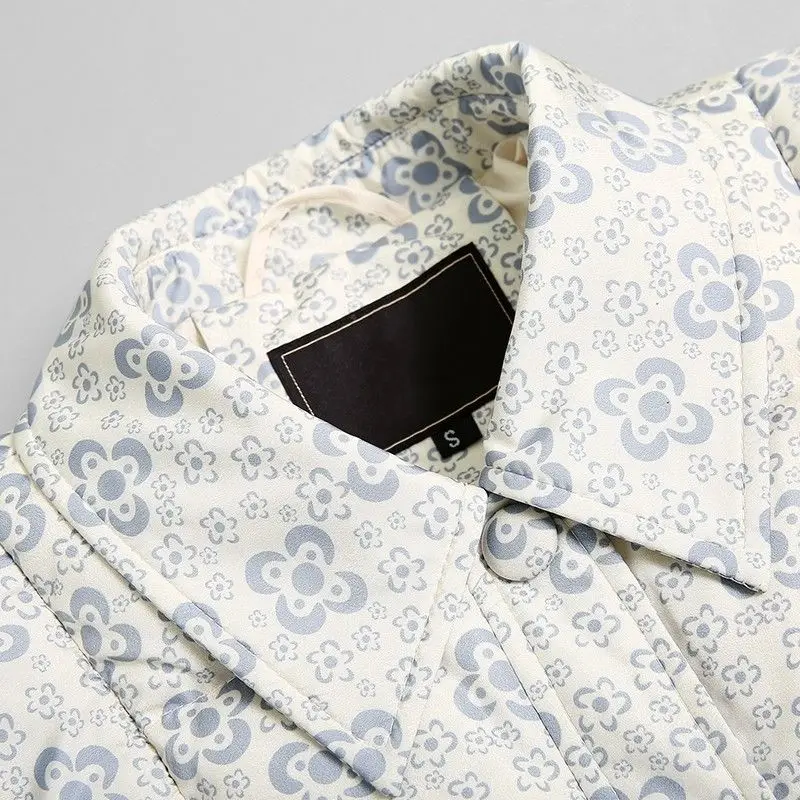 Women's Long Lace-up Down Jacket Puffer White Coat Female Flower Print Casual Down Jacket Sweet