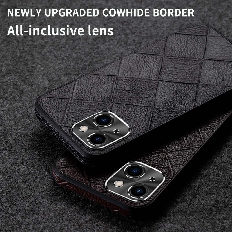 

Genuine Leather Phone Case For iPhone 13 12 Mini For Apple 11 Pro Max 100% Original Natural Cowhide Checkered Texture Back Cover