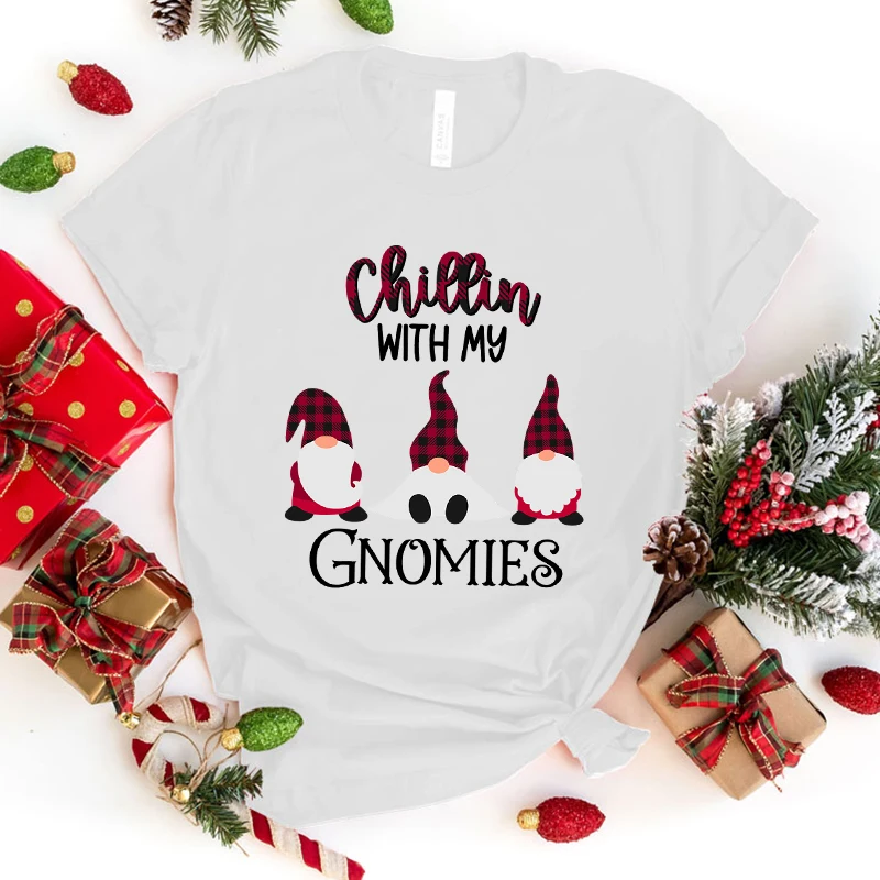 

Fashion Christmas Chillin With My Gnomies Printed T-Shirts Retro Style Women Shirt Tee Christmas Chillin With My Gnomies tops