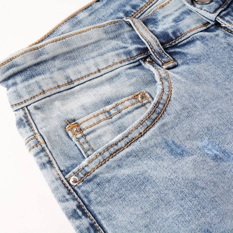 Fashion Patch Designer Men Jeans Retro Light Blue Stretch Slim Ripped Jeans Men Punk Hole Trousers Hip Hop Brand Pants Hombre