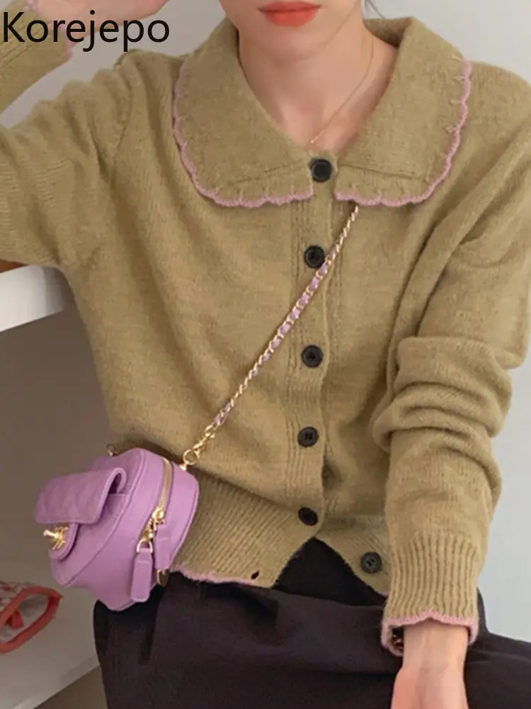 

Женский винтажный кардиган корейского стиля, осенне-зимний контрастный кружевной однобортный Топ с кукольным воротником, новинка 2022, шикар...