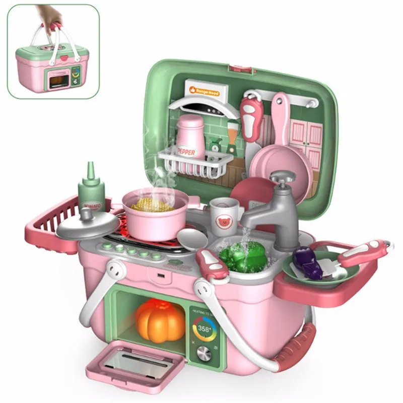 

Kids Kitchen Toys Food Cooking Suitcase Preten Play Toy Electric Spray Water Children's Household Set Gift For Girls