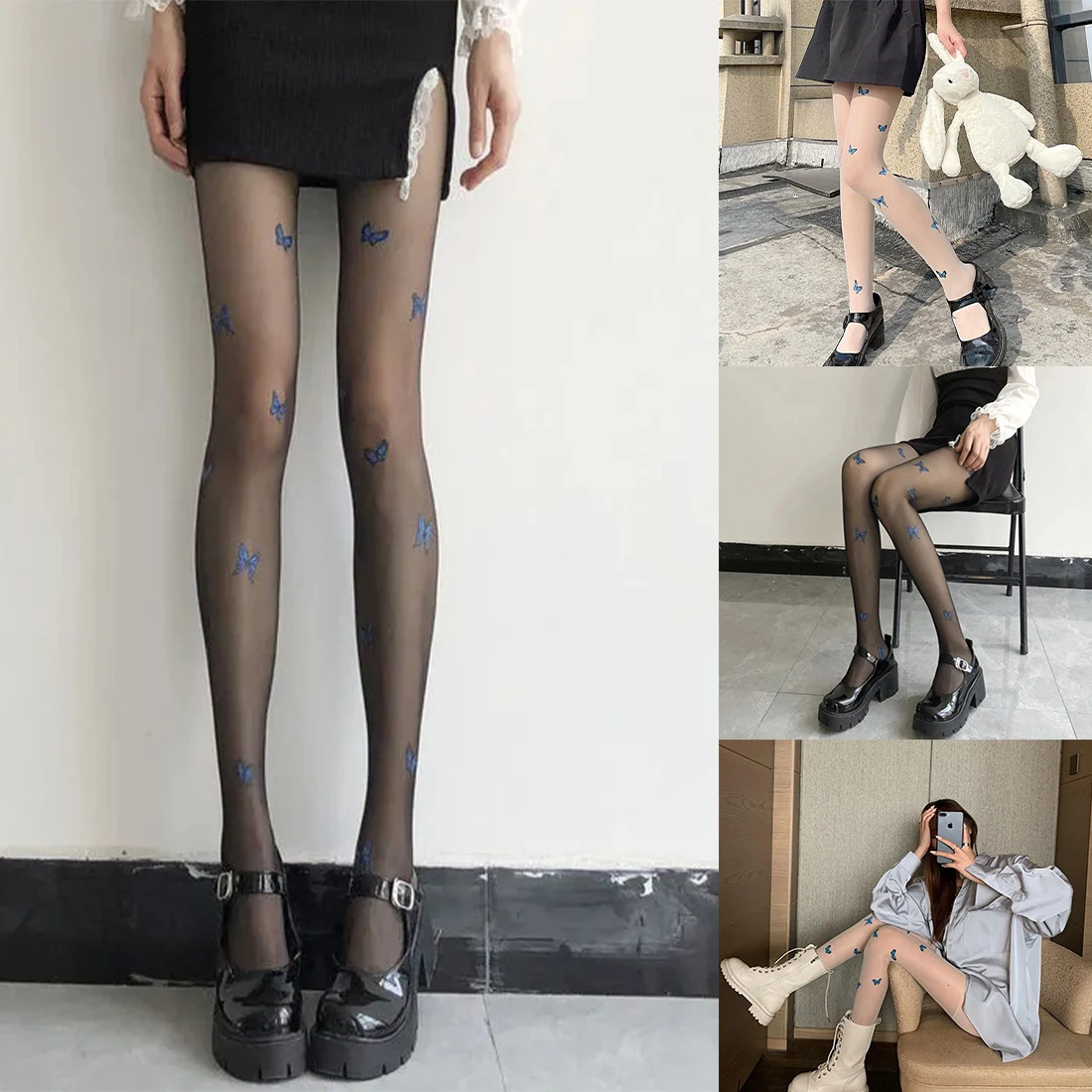 

2023 Blue Butterfly Pantyhose Silk Stocking Women Tights Lolita Party Fishnet Mesh Stockings Bottomed Lace Leggings Long Socks
