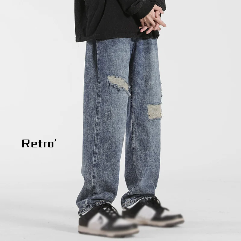 

Vintage Korean Y2K Streetwear Fashion Ripped Baggy Pants Hip Hop Straight Loose Wide Leg Jeans for Men Denim Trousers Fall Guys