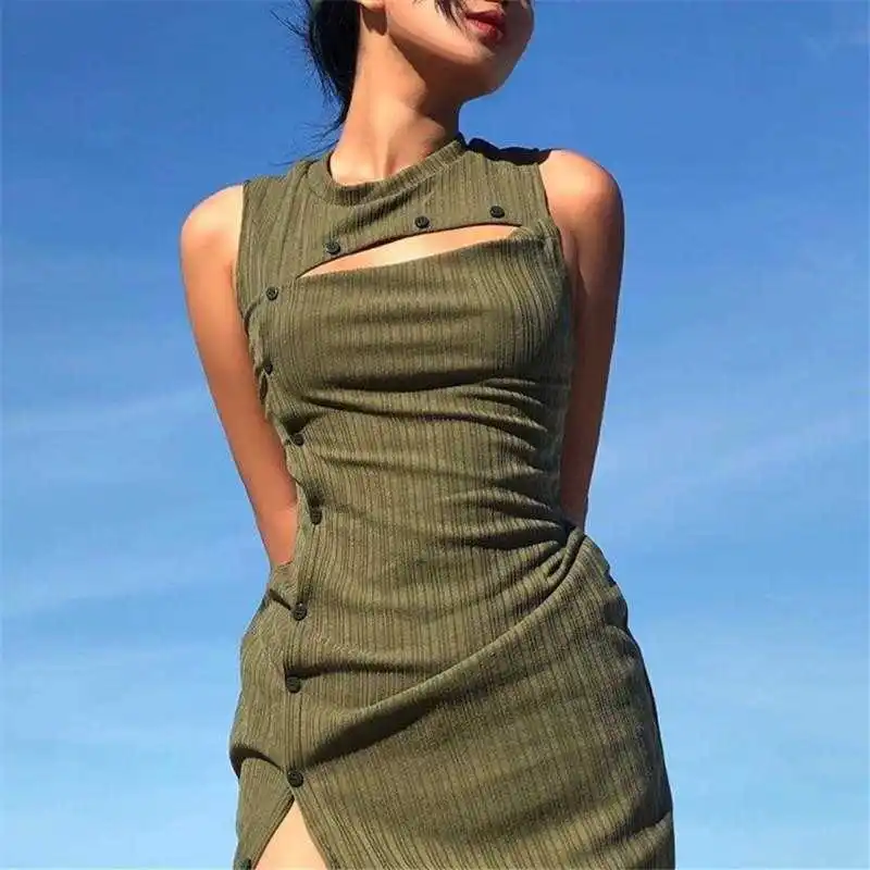 

Lightly Mature Womens Design Dress Sleeveless Hollow Button Ing Two Way Wear Mid Length