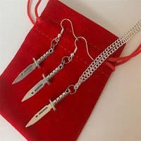 cool dagger knife handmade drop dangle silver plated hook earrings necklace jewellery set quirky fun accessories gifts for men