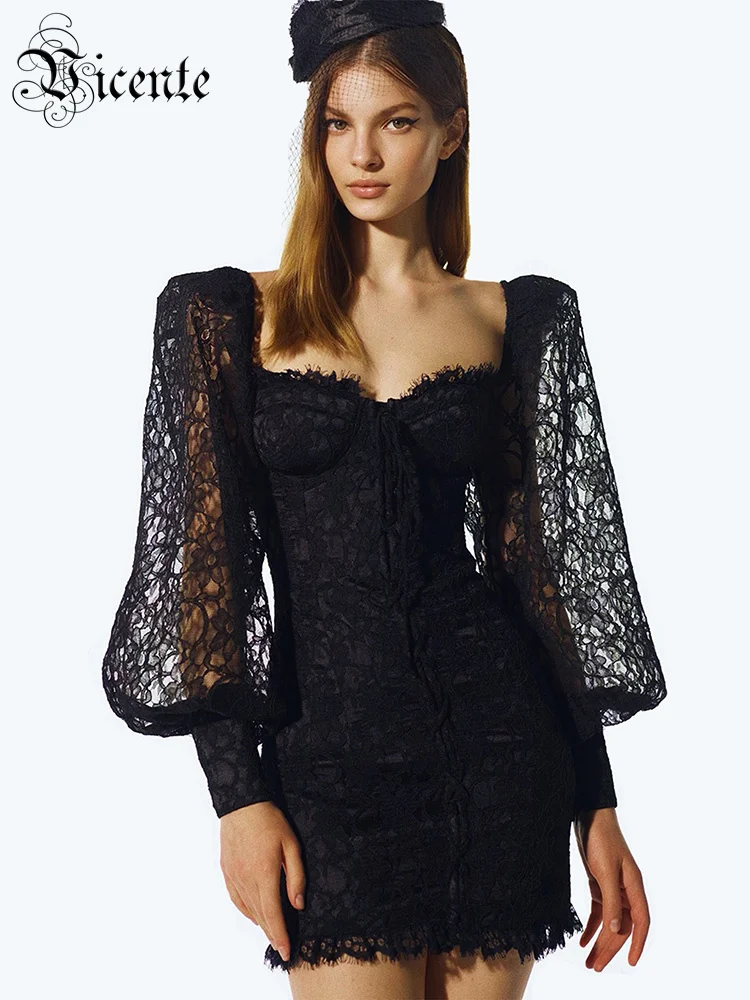 VC Lace Design Black Mini Dress Women Elegant Square Neck Lantern Sleeve Dinner Party Dress Vestido