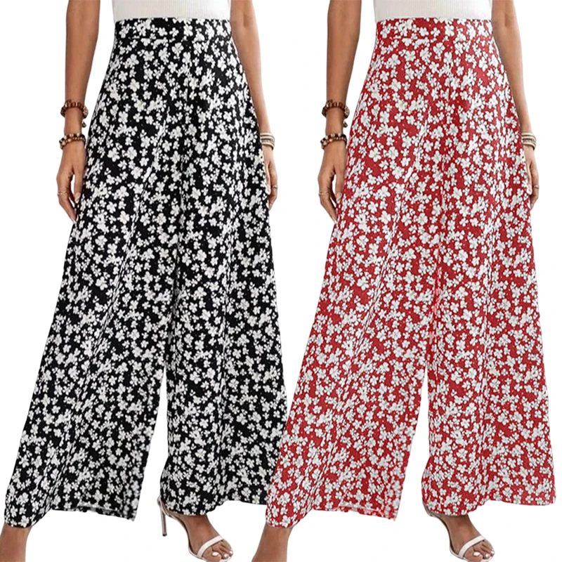 

Women Casual Elegant Long Pants Ladies Wide Leg Pants High Waist Floral Printed Baggy Loose Casual Straight Trousers Streetwear