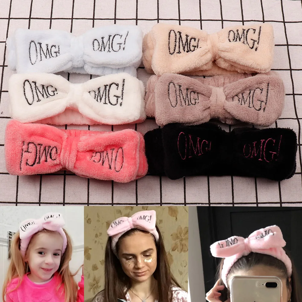 

Повязка на голову для женщин, эластичная, мягкая, с надписью OMG, из кораллового флиса, с бантом