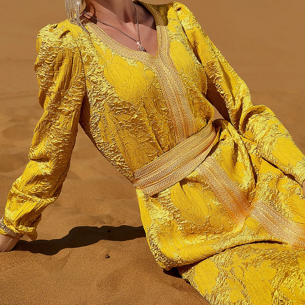 Solid Yellow Women Dress Muslim Abaya Dubai Kaftan Islamic Clothing Evening Party Gown Caftan Marocain Djellaba Eid Ramadan