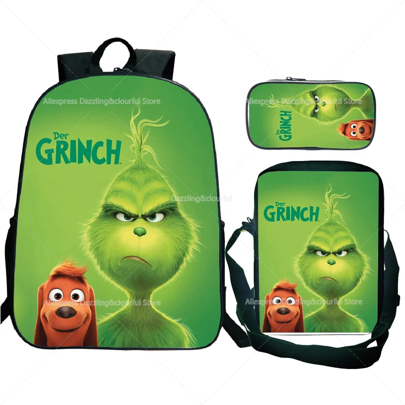 Cartoon Green Haired Grinch 3D Print 3pcs/Set School Student Bookbag Fashion Travel Laptop Daypack Shoulder Bag Pencil Case