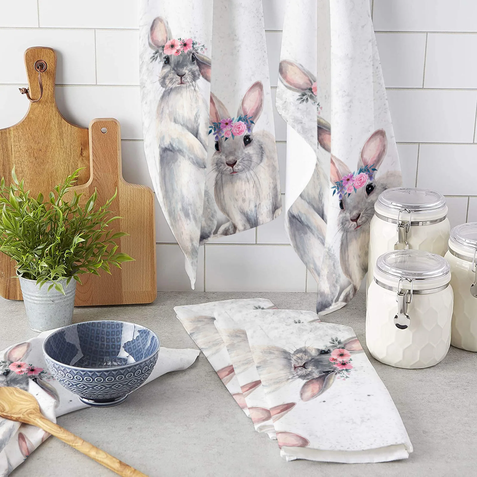 

Cute Rabbit Watercolor Flower Animal Kitchen Towels Household Kitchen Tools Accessories Microfiber Wiping Towel Cleaning Cloth