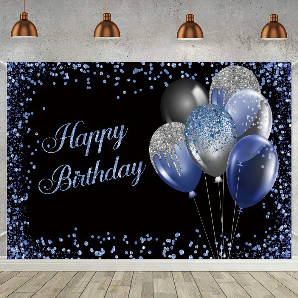 

Blue Glitter Dots Balloons Happy Birthday Photo Background Customize Cake Smash Table Banner Decor Party Backdrops Vinyl Poster