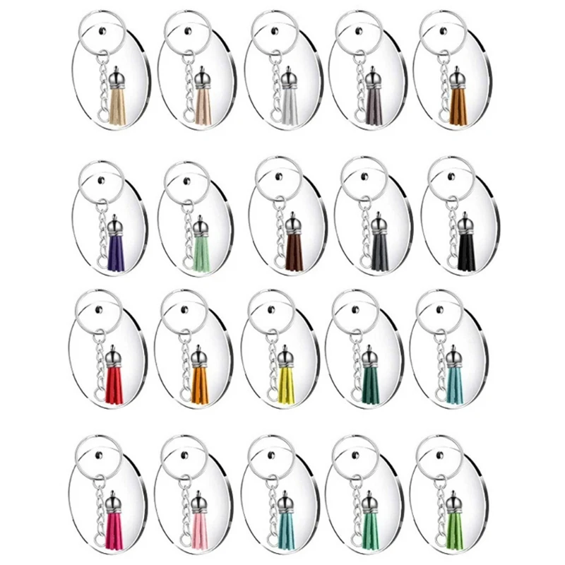 12 Sets Acrylic Keychain Blanks with Key Rings Round Clear Discs Circles Colorful Tassel DIY Projects Crafts Keychain Decoration