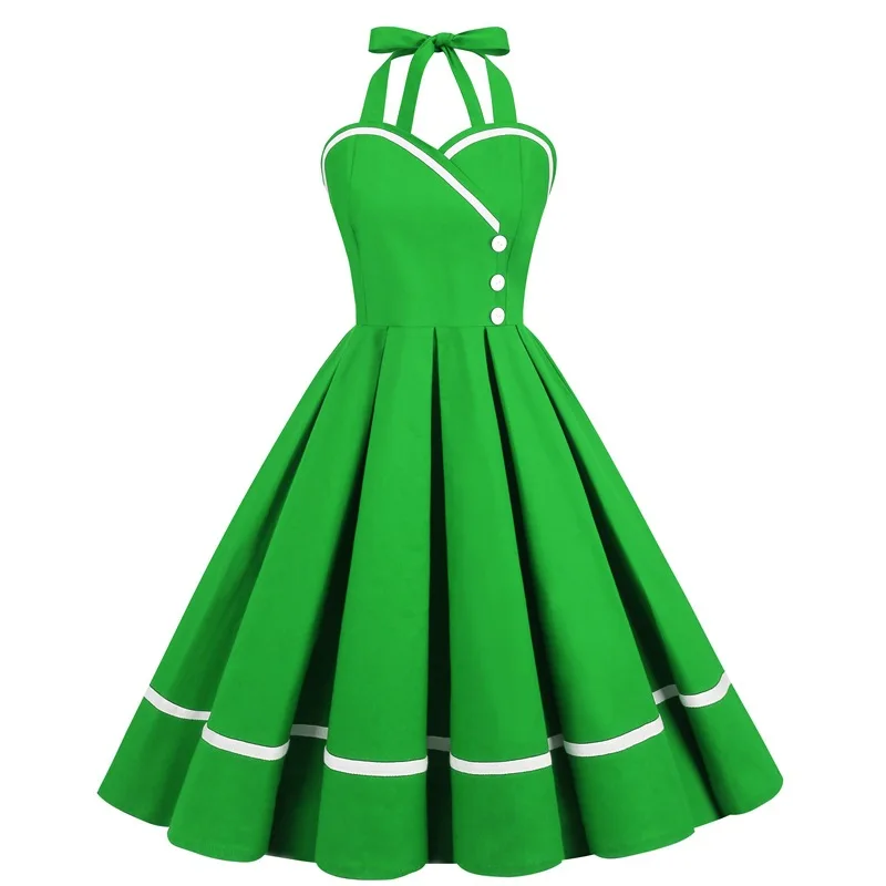 Robe Pin Up Rockabilly Party Dresses 50s 60s Women Pleated Strapless Cotton Red Green Pink V Neck Femme Elegant Vintage Dresses