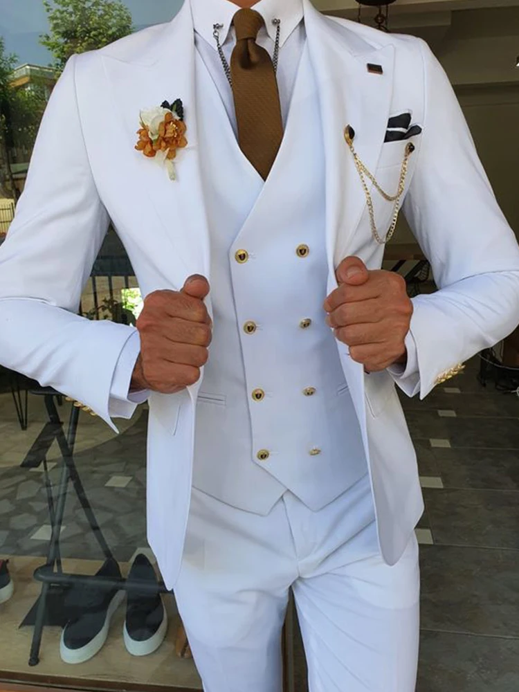 (Coat + Vest + Pants) Men's Suit White Slim Business  Groom Wedding Tuxedo Custom Three-piece Suit Costume Homme