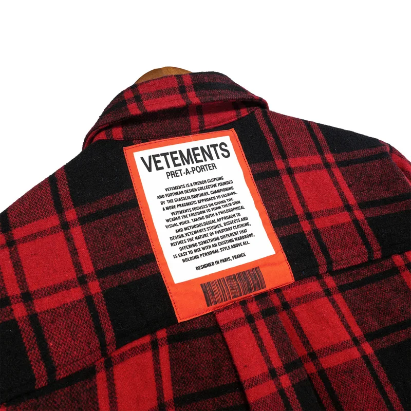 Thick Fabric Cotton Striped Plaid Red VETEMENTS Shirt Jacket Men Women High Street V Shape Blouse